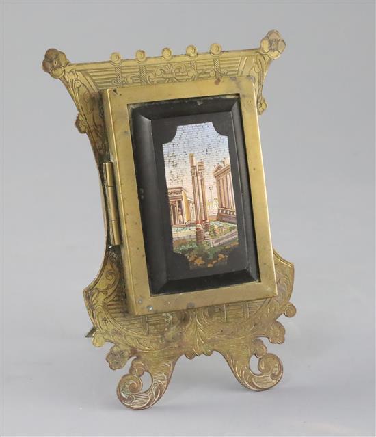 G. Roccheggiani of Roma. A 19th century ormolu and micro mosaic easel photograph frame, H.6in. plaque 3 x 1.75in.